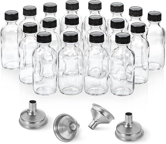 18 Pack, 2 oz Small Clear Glass Bottles w/ Lid & 4 Stainless Steel Funnels  60ml Boston Sample Bottles  Mini Travel Essential or Decorative Bottles for Potion, Juice, Wellness, Ginger Shots, Whiskey