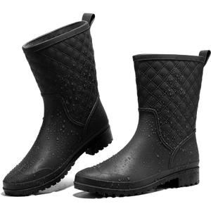 HISEA Rain Boots for Women, Lightweight Fashion Rubber Boots Mid Height Waterproof Garden Shoes Women's Rain Footwear (8, Black)