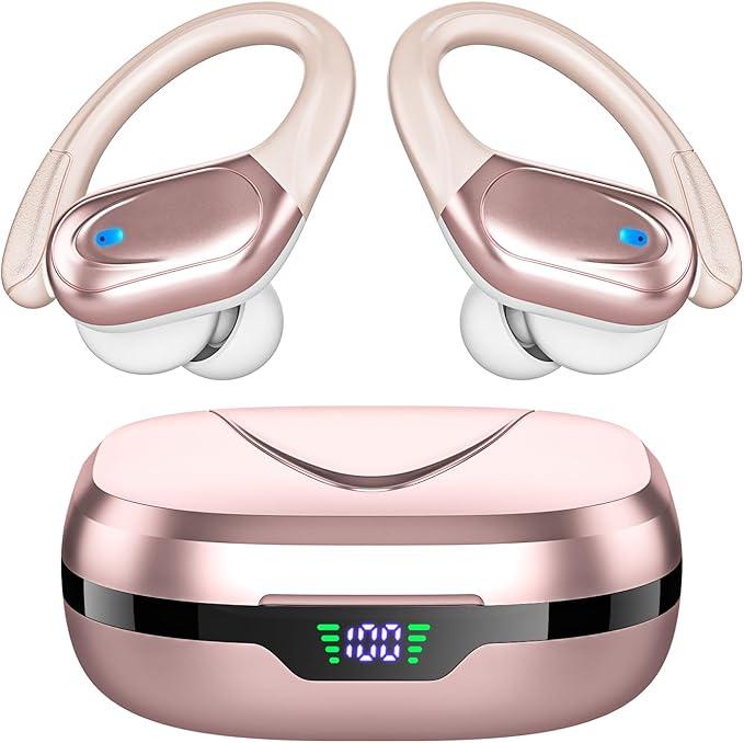 Wireless Earbuds Bluetooth Headphones 80hrs Playback Ear Buds Power Display with Noise Canceling Mic Headsets for Sports/Workout/Running Rose Gold