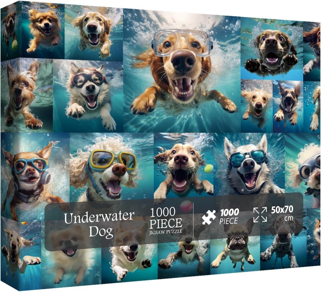 Dog Jigsaw Puzzle for Adults 1000 Piece, Funny Puppy Animal Jigsaw Puzzles, Fun Cool Silly Puzzle with Underwater Dogs