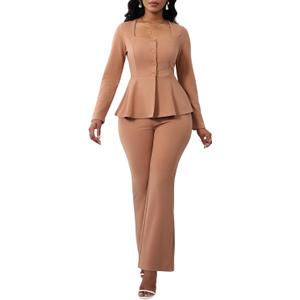 Ekaliy Women's 2 Piece Pants Suit Long Sleeve Blazer Flare Pant Set Casual Office Work Outfits (Khaki) Medium