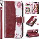 ULAK Compatible with iPhone 12/12 Pro Wallet Case with Card Holder [RFID Blocking], PU Leather Case with Kickstand Card Slots Wrist Strap, Durable Shockproof Protective Cover 6.1 Inch, Burgundy