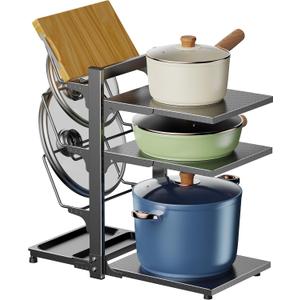 3 Tiers Adjustable Pan Rack Organizer for Cabinet, Pots and Pans Organizer Under Cabinet with Panels, Heavy Duty Adjustable Pan Organizer Rack for Under Sink Organizers and Storage