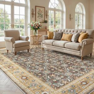 WITSHOCK Washable Area Rug 10x12 Non-Slip Floral Carpet, Floral Brown