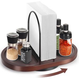 Primo Lines NP-1 Wooden Rotating Napkin Holder with Salt and Pepper Shakers, Rustic Metal Caddy Napkin Storage for Table, Kitchen Countertop, Dining Table Decor (Walnut Brown)