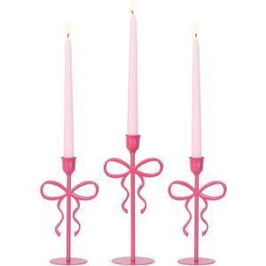 NEEDOMO Valentines Day Decorations, Set of 3 Pink Bow Metal Candlestick Holders for Valentines Decor, Taper Candle Holders Table Centerpieces for Romantic Wedding Party Mantel Decor