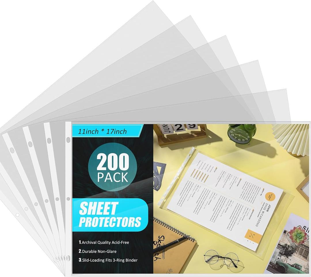Glenmal 200 Pack Sheet Protectors 11 x 17 Inch 3 Hole Clear Heavy Duty Page Protectors for 3 Ring Binder, Plastic Sleeves for Binders