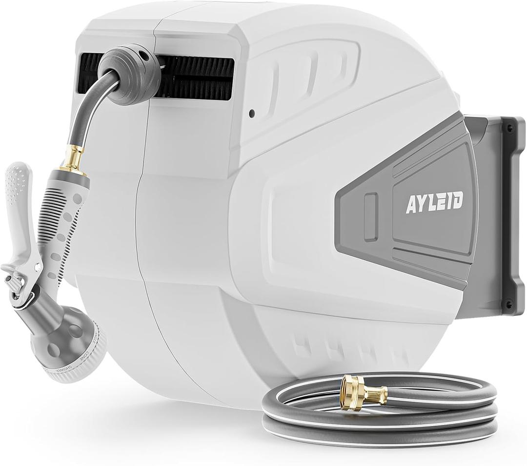Ayleid Retractable Garden Hose Reel,5/8 in x 100 FT Wall Mounted Hose Reel, with 9- Function Sprayer Nozzle, Any Length Lock/Slow Return System/Wall Mounted/180Swivel Bracket (Grey) (Light Grey)