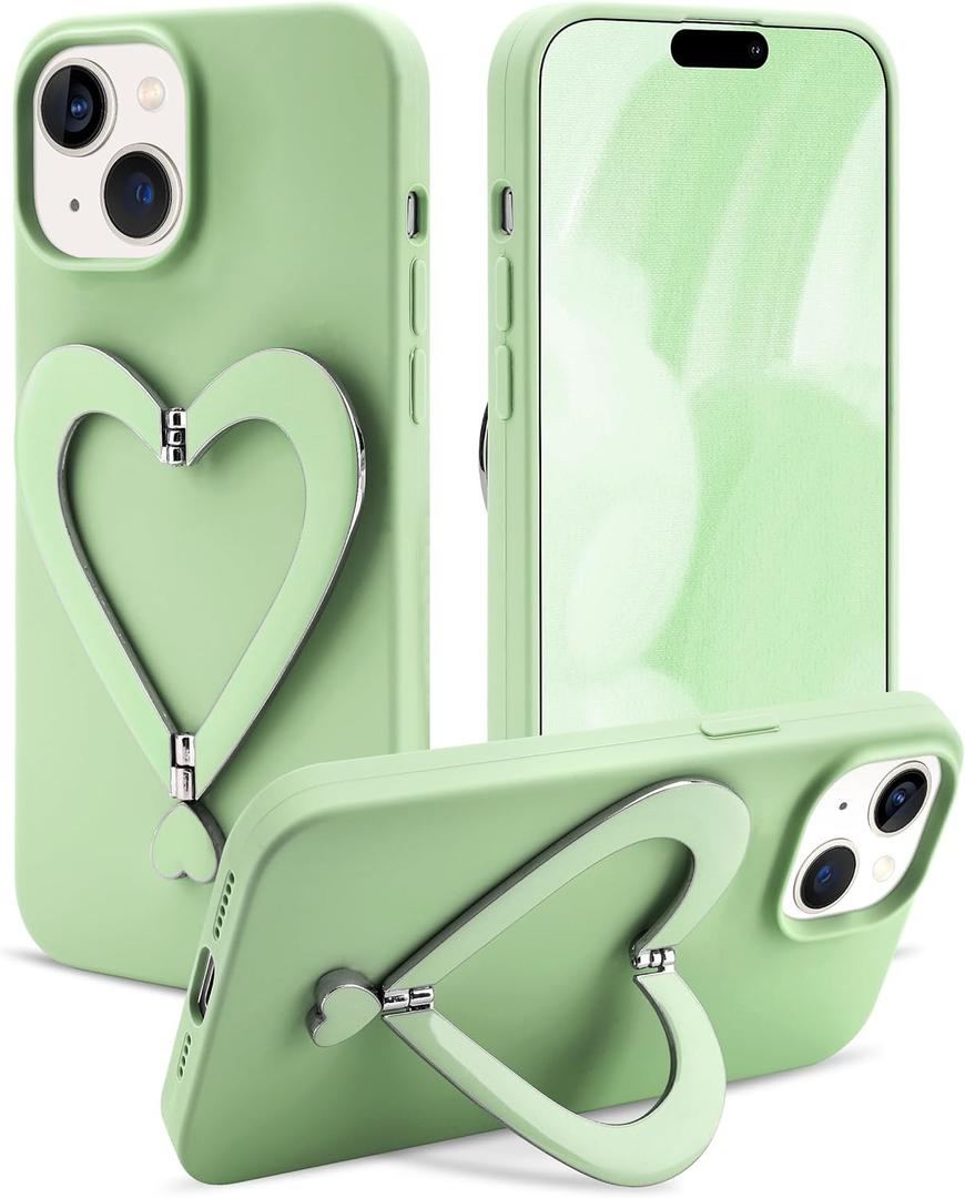 Jusy Case for iPhone 13, Cute Heart with 3D Heart Stand Slim Fit Liquid Silicone Soft Anti-Scratch Microfiber Lining Shockproof Protective Phone Cover for Girly Women Case - Green