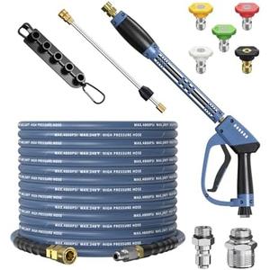 HiPrewaPro Pressure Washer Gun and Hose Kit, 4800PSI Steel-Braided & Durable - Flexible & Kink-Resistant Power Washer Hose 50 FT with 3/8" Swivel Quick Connector and M22 14mm Adapters Replacement