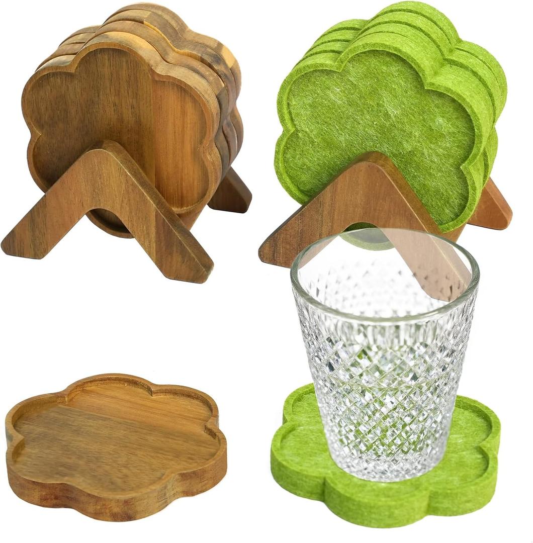 8-Piece Acacia Wood & Absorbent Felt Coaster Set with Stand, Decorative Flower Design - 4" Minimalist Drink Holders for Cold & Hot Drinks, Rustic Modern Decor for Bar & Office - Natural