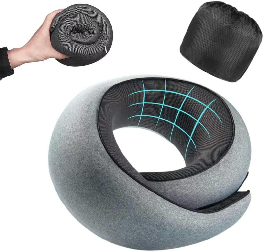 Travel Pillow, Memory Foam Neck Pillow with Ergonomic 360° Support, Travel Neck Pillow for Airplanes, Compact Design for Plane, Car & Office Travel Essentials, Gray
