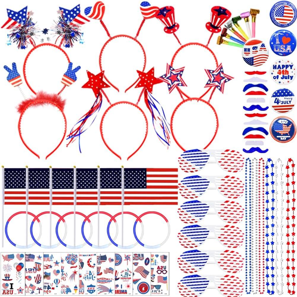 UMEELR 126Pcs Patriotic Party Supplies, 4th of July Party Accessories with Necklaces Headbands Shutter Glasses Flags Glow Sticks for 4th of July Independence Memorial Day Party Favor