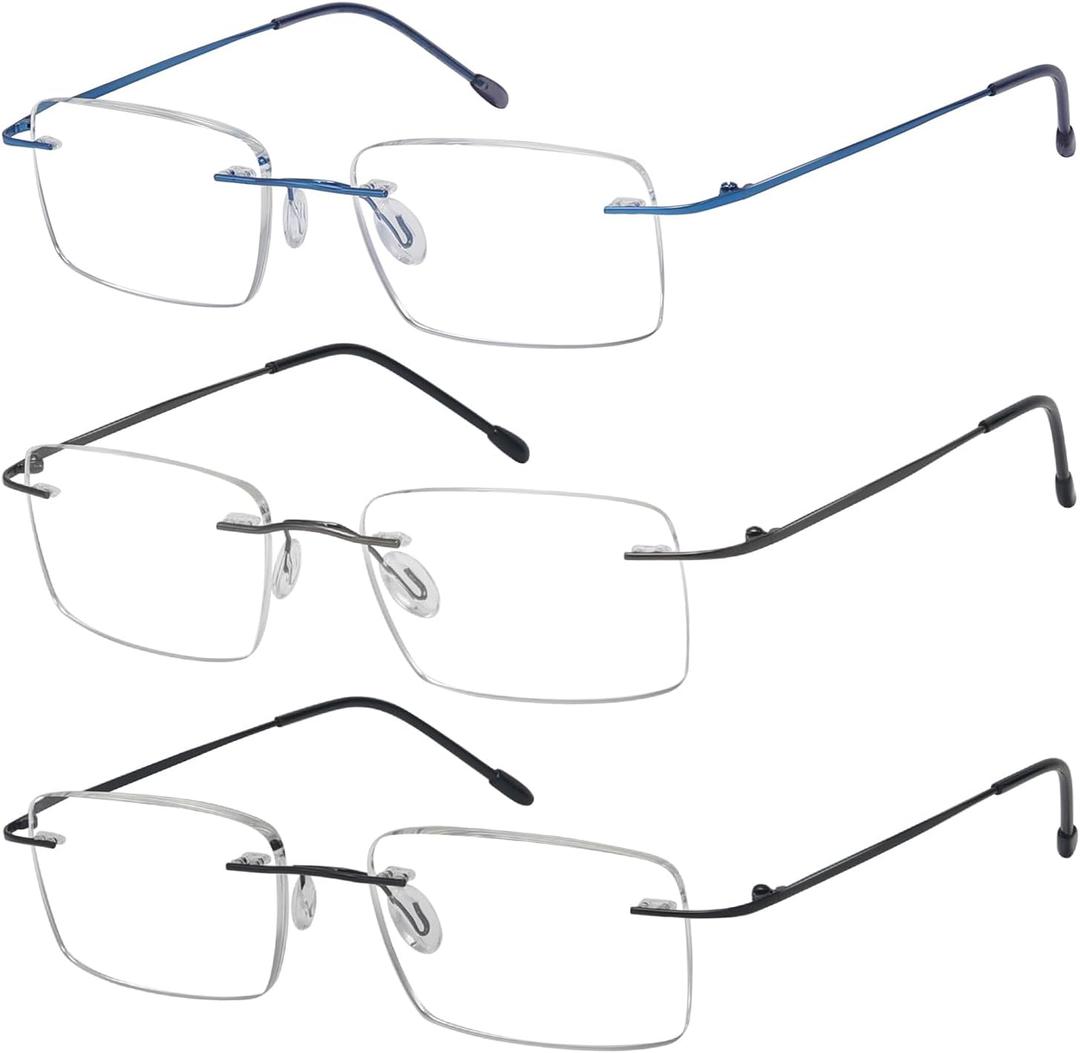 Eyekepper 3 Pack Frameless Metal Reading Glasses for Men - Rectangle Rimless Readers (Black/Blue/Gunmetal) +1.75