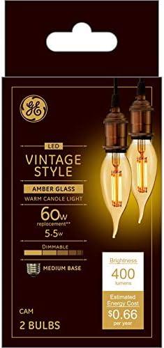 GE Lighting VintaStyle LED Decorative Light Bulbs, 5.5 Watts (60 Watt Equivalent) Warm Candle Light, Amber Glass, Medium Base, Dimmable (2 Pack)
