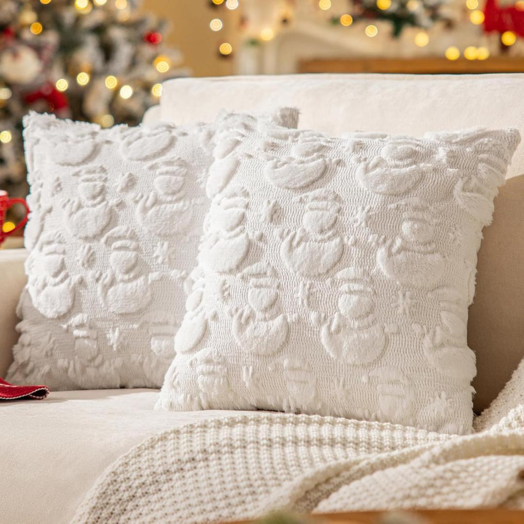 Set of 2 White Snowman Christmas Throw Pillow Covers 20x20 Inch, Farmhouse Faux Fur Snowflake Decorative Pillow Covers for Thanksgiving Home Decor Sofa Cushion Covers Soft Fuzzy Pillowcases