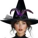 Halloween Black Witch Hats for Witch Costume women - Large Black Velvet Witch Hat with Purple Feathers and Choker Necklace, Great Accessories for Witches Costume for Adult Women