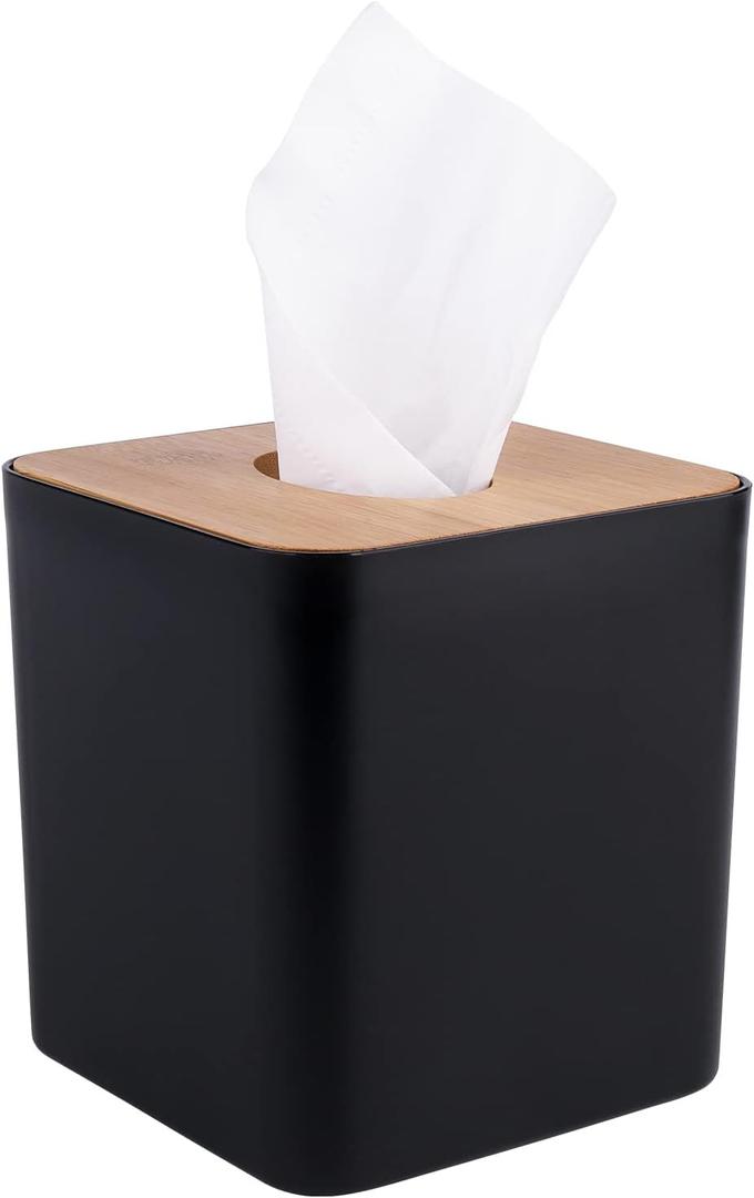 MOCHTERO Tissue Box Cover,Tissue Holders,Tissue Box Holder for Bathrooms,Bamboo Cover Plate,Home and Office,5 * 5 * 5.4in (Black)