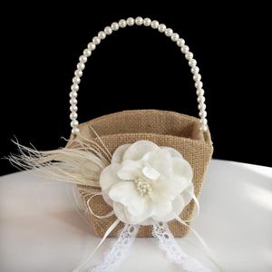Burlap Flower Girl Basket for Weddings,Romantic Cherish Pearl Handle Wedding Flower Basket