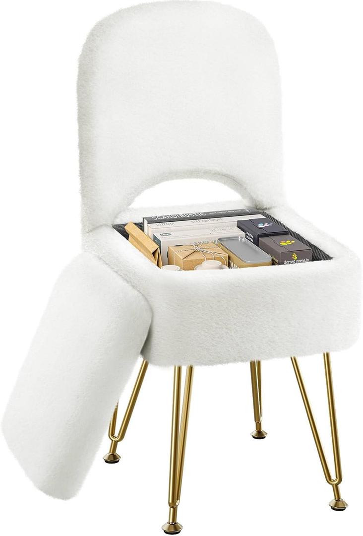 GREENSTELL Small Vanity Stool Chair with Storage and Folding Back, 13.4" x 15" x 30" Square Faux Fur Soft Ottoman, 4 Metal Legs with Anti-Slip Feet, Furry Padded Seat for Makeup, Bedroom, White