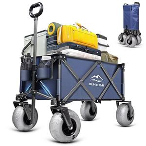BLINTHAR Beach Wagon with Big Wheels for Sand, Heavy Duty Harder Sand Collapsible Folding Wagon with All-Terrain 9" Pneumatic Ballon Tires, Utility Wagon for Garden Sports Camping Outdoor Activities, Navy Blue