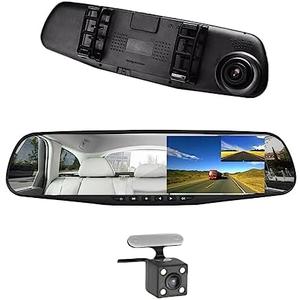 Car DVR Rear View Mirror Video Recroder 4.3" inch Back Up Car Camera Dual Lens Cam Night Vision Front and Rear Backup Reverse Security for Car