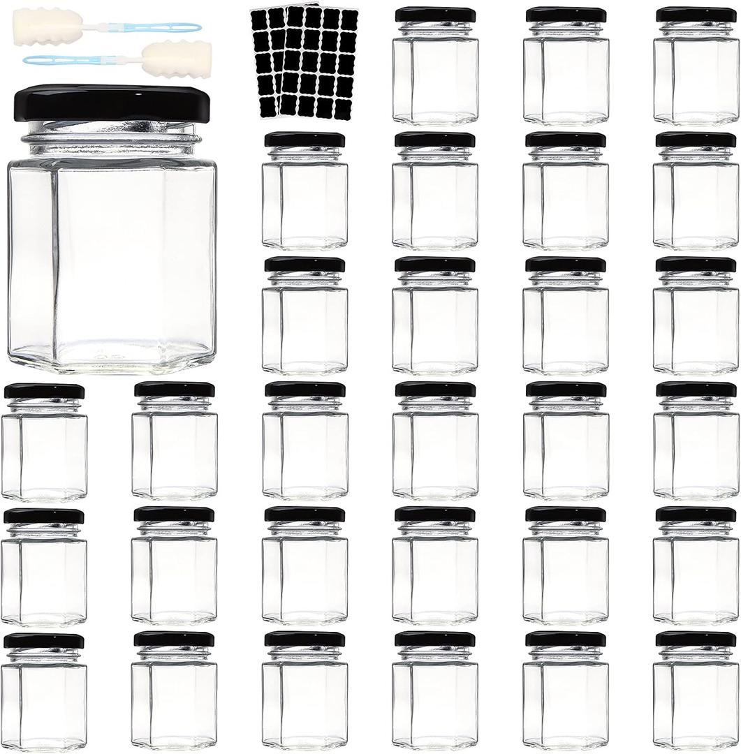 3 OZ Mini Hexagon Glass Jars, 30 Pack Empty Honey Jars Small Spice Jars with Black Lids, Sponge Brushes and 40pcs Labels for Jam, Homemade Projects, Gifts, Wedding Party Favors