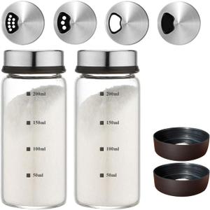 7 oz Salt and Pepper Shaker Set with 304 Stainless Cover Adjustable Outlet Holes Glass Spice Jars Dispenser Seasoning Cans for Kitchen Decor and Home Restaurant BBQ Camping Kitchen Accessories (2Pcs) (2 PCS 200ML(2.36*4.92 IN))