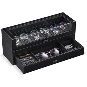 ProCase High End Wooden Watch Box for Men, 2-Layer Wood Watch Display Case Men's Jewelry Organizer Box with Drawer, Fathers Day Gift -6 Slot, Black
