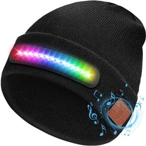 Hinshark Valentines Day Gifts for Him, Bluetooth Beanie Hat with Lights, Unisex LED Bluetooth Beanie Gifts for Men and Women (Dark Black)