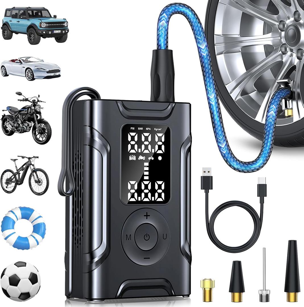 Tire Inflator Portable Air Compressor,145 PSI Cordless Mini Tire Pump with Pressure Gauge Digital Display,Auto Shutoff Function & LED Light for Car,Ball,Motorcycle,Bike