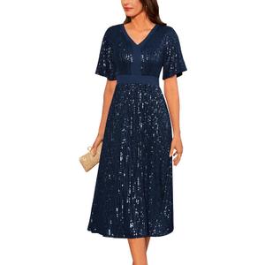 GRACE KARIN Women's Sequin V Neck Ruffle Sleeve Empire Waist Sparkly Glitter A Line Cocktail Formal Dresses (Medium)