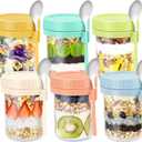 DRKIO 6 Pack Overnight Oats Containers with Lids and Spoons 16 Oz Glass Mason Jars for Overnight Oats Leak Proof Oatmeal Container Great for Cereal Fruit Vegetable Milk Salad Yogurt Meal Prep