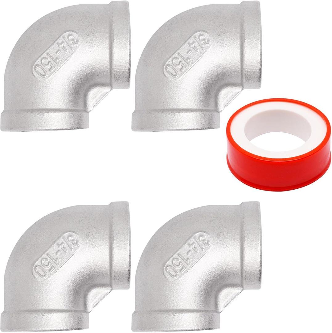 3/4 Inch 90 Degree Elbow Fittings, 304 Stainless Steel Female 3/4" to 3/4" NPT Pipe Fitting (4 Pack)