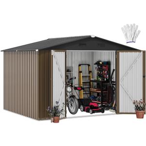 DWVO 10x8FT Outdoor Storage Shed, Spacious Metal Tool Shed with Lockable Doors & Ventilation for Patio, Lawn, and Backyard, Ideal for Storing Garden Equipment, Lawnmowers, and Bicycles, Brown
