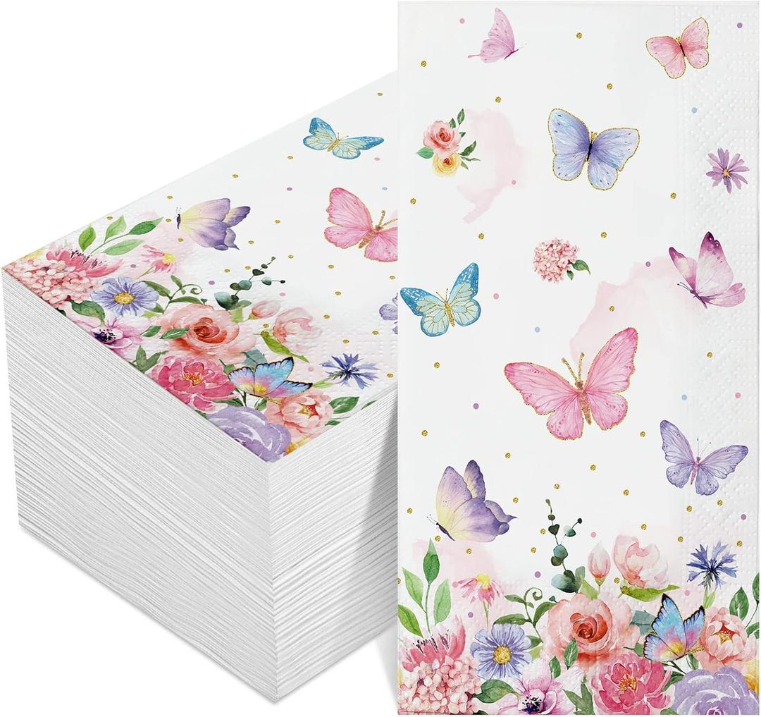 100 Pieces Butterfly Napkins Pink Butterfly Party Paper Guest Towels Disposable Colorful Garden Spring Summer Flower and Butterflies Hand Towels for Wedding Birthday Holiday Decorative Party Supplies