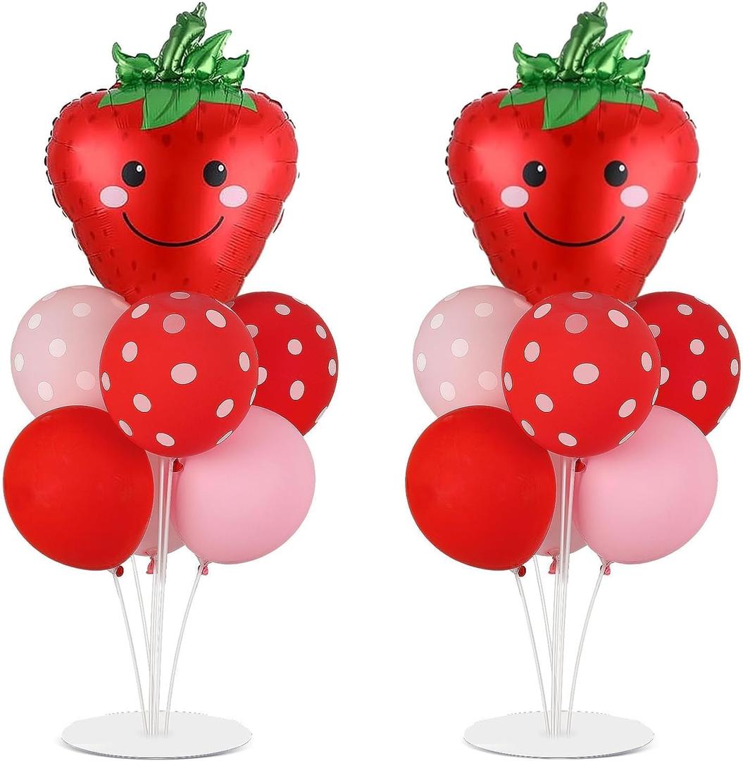 Strawberry Party Balloons Stand Kit 2 Sets with 2 Strawberries Foil Balloons Sweet Strawberry 1st Party Balloon Centerpieces for Tables for Girls Strawberries Birthday Themed Decorations, 10 Inches, 12 Inches