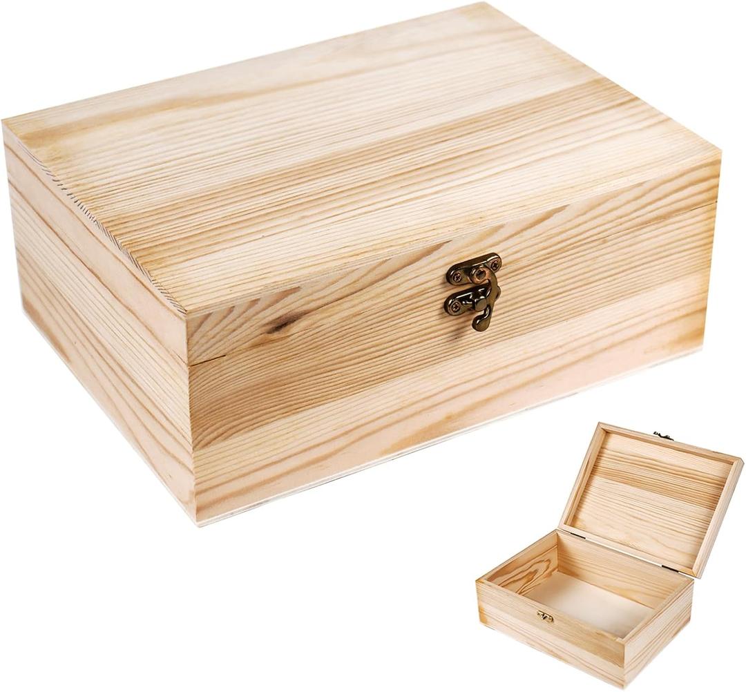 Unfinished Wood Box with Hinged Lid 1 Pack - 10.6" x 7.6" x 4.3" Smooth Unpainted Wooden Storage Box for Crafts, Jewelry, DIY Painting, Gift Packaging - Lightweight & Warp-Resistant (Natural Color)