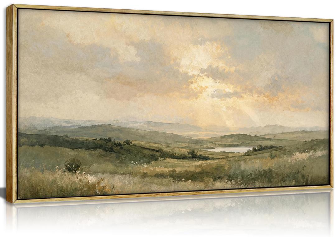 Large Framed Vintage Rustic Landscape Wall Art, Green Hills Canvas Print