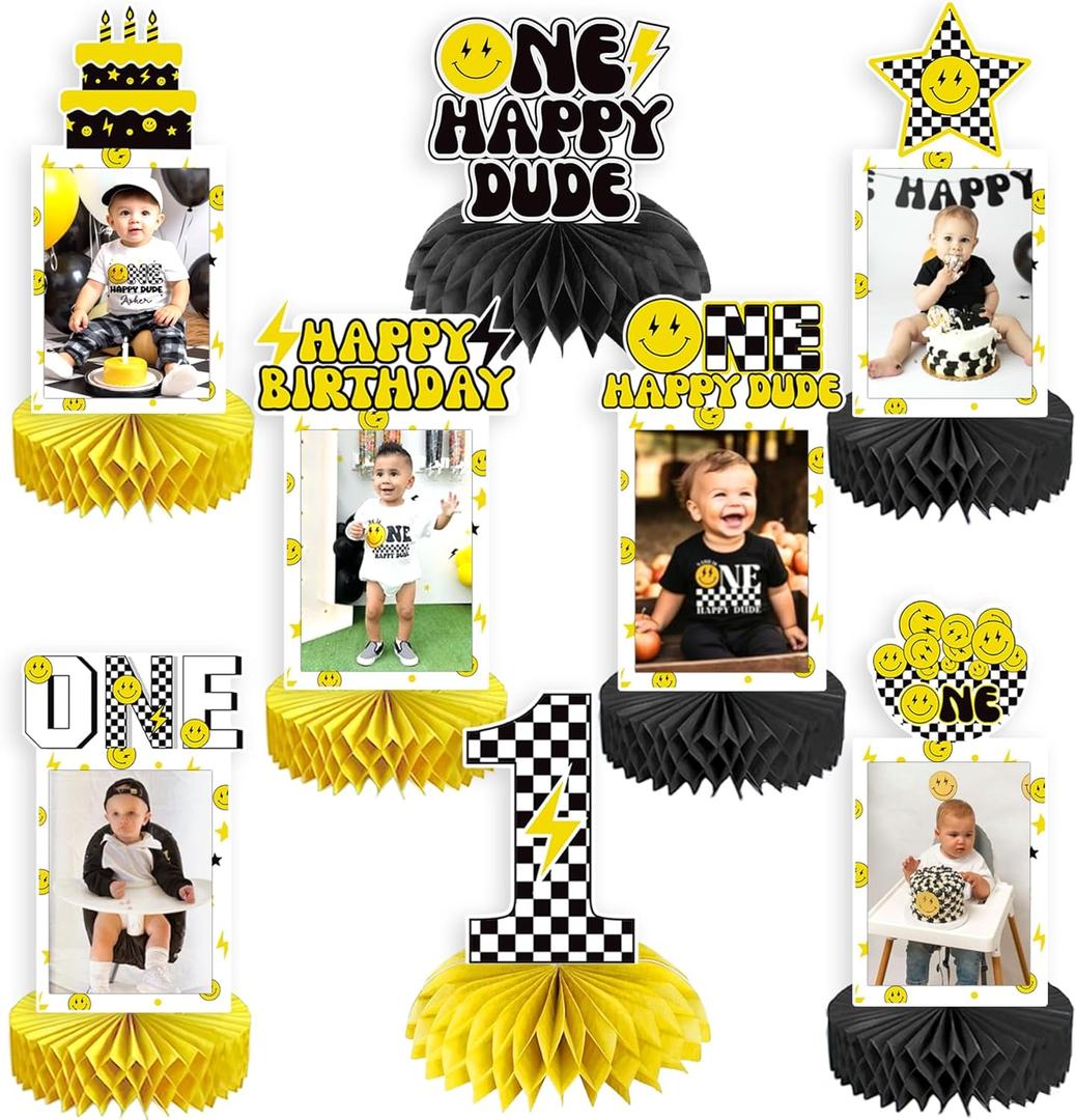 NANAGALI 8 Pcs One Happy Dude Honeycomb Centerpiece One Happy Dude 1st Photo Table Centerpiece Party Decoration Set 1st Table Toppers Centerpieces First Birthday Party Idea for Baby Boys and Girls