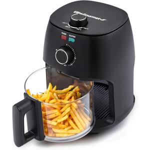 Elite Gourmet Glass Air Fryer, 2.4 Qt Compact Size for 12 People, PFAS-Free Ceramic & Glass Basket, Visible Cooking, Adjustable Temp 175400F, 1150W, Black
