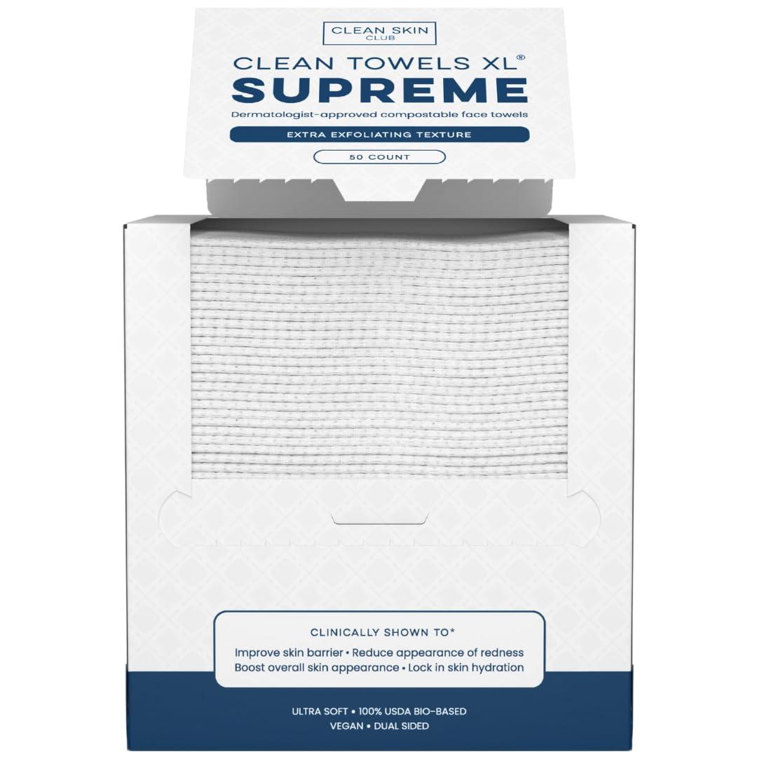 Clean Skin Club Clean Towels XL Supreme, 100% USDA Biobased Face Towel, Disposable Face Towelette, Eczema Association Accepted, Thicker Textured Makeup Remover Dry Wipes, 1 Pack, 50 Ct