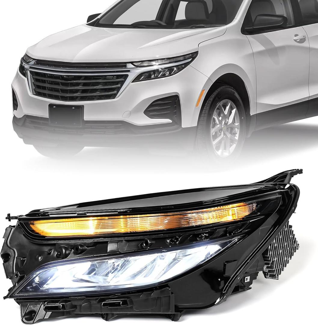 FIONE Headlight Assembly Compatible with Chevy Equinox 2022 2023 2024 LS W/Halogen Signal LED-Beam Black Housing Replacement Headlamp Left LH Side