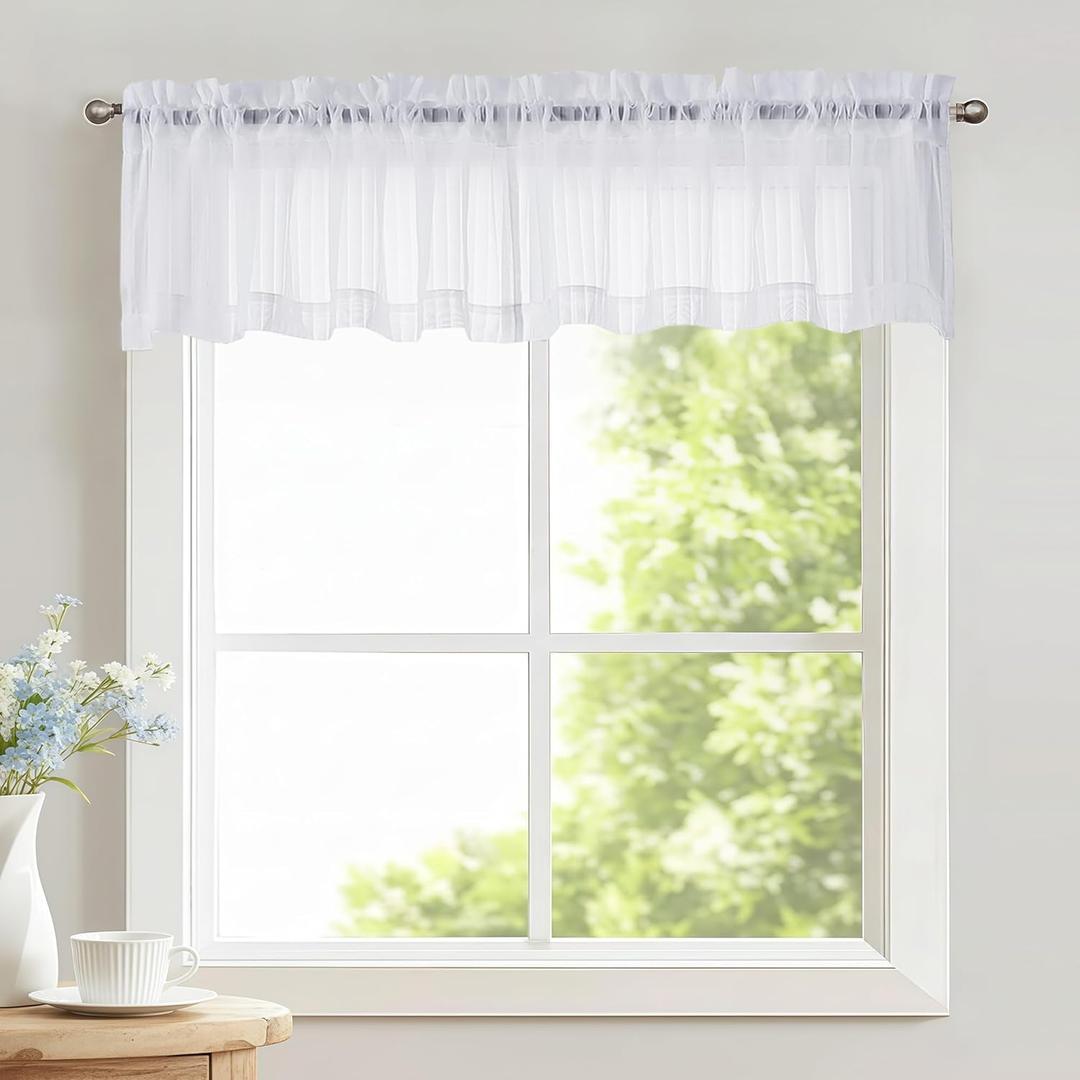 OWENIE White Striped Valances for Windows - Light Filtering Textured Short Sheer Curtains for Kitchen Cafe Bedroom Living Room Small Window, Modern Rod Pocket Semi Sheer Curtain, 2PCS Each 52" Wx14 L