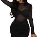 Floerns Women's Long Sleeve Mock Neck Party Dress Sheer Mesh Bodycon Mini Dresses (Medium, Black)