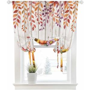 Thanksgiving Fall Maple Leaves Blackout Tie Up Curtains for Windows, Farm Country Pumpkins Daisy Rod Pocket Shade Valances, Adjustable Roll Up Balloon Curtain for Bedroom,Bathroom 1 Panel 34x45 Inch