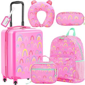 Redbaker 17 Inch 6 Pcs Kids Luggage Set Kids Rolling Luggage Double Pattern Suitcase for Boys Girls (Dusty Pink, Rainbow Style)