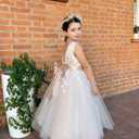Flower Girl Dress for Wedding Tea Length Lace Applique Tulle Princess Kids Birthday Pageant Party Gown with Bow-Knot