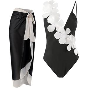 Women's 2 Pieces Sarong Swimsuit Set Sleeveless Floral Print Swimwear with Cover Up Bathing Suits Beachwear (X-Large, Black&white Floral)