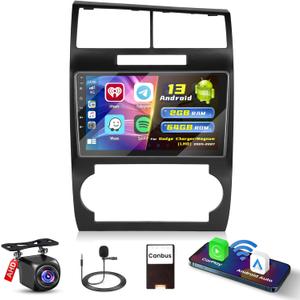 Hikity [2+64G] Android 13 Car Radio for Dodge Magnum 2005 2006 2007 Dodge Charger, 9'' Touch Screen Car Stereo with Wireless CarPlay Android Auto GPS WiFi Bluetooth FM SWC Backup Camera Mic